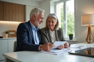 Couple mature étudie brochures immobilières à la maison