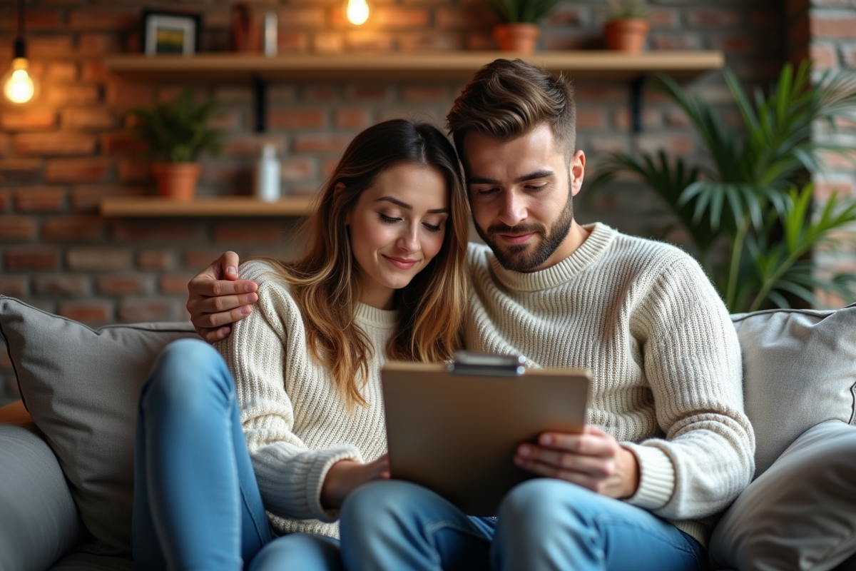 Jeune couple examinant des documents d