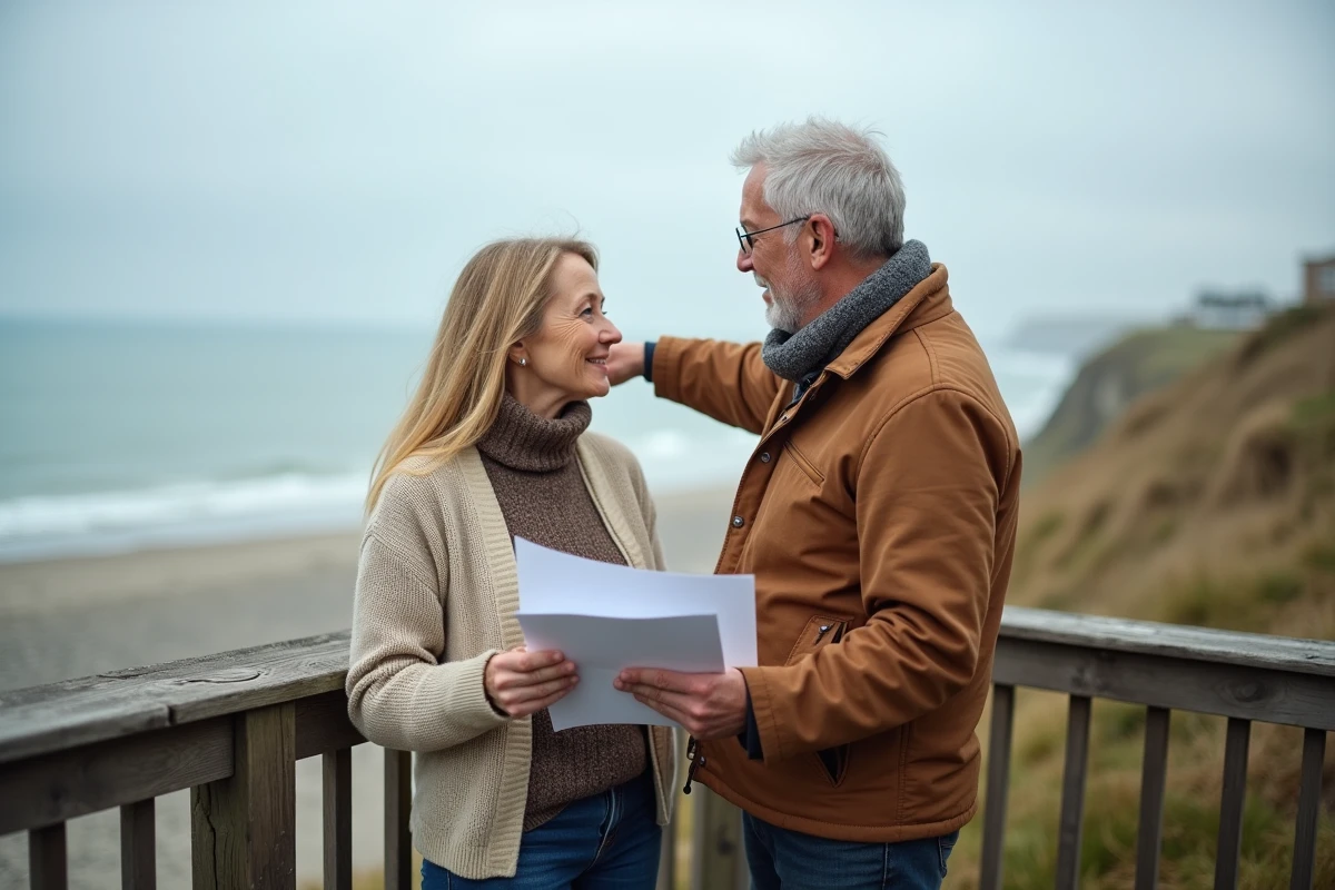 Couple consultant des documents immobiliers sur la terrasse d'une résidence secondaire en bord de mer normand