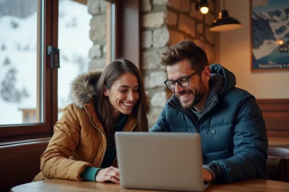 Jeune couple souriant avec ordinateur dans un café alpin