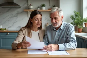 Couple d'adultes lisant des documents de prêt immobilier