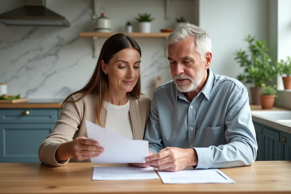 Couple d'adultes lisant des documents de prêt immobilier