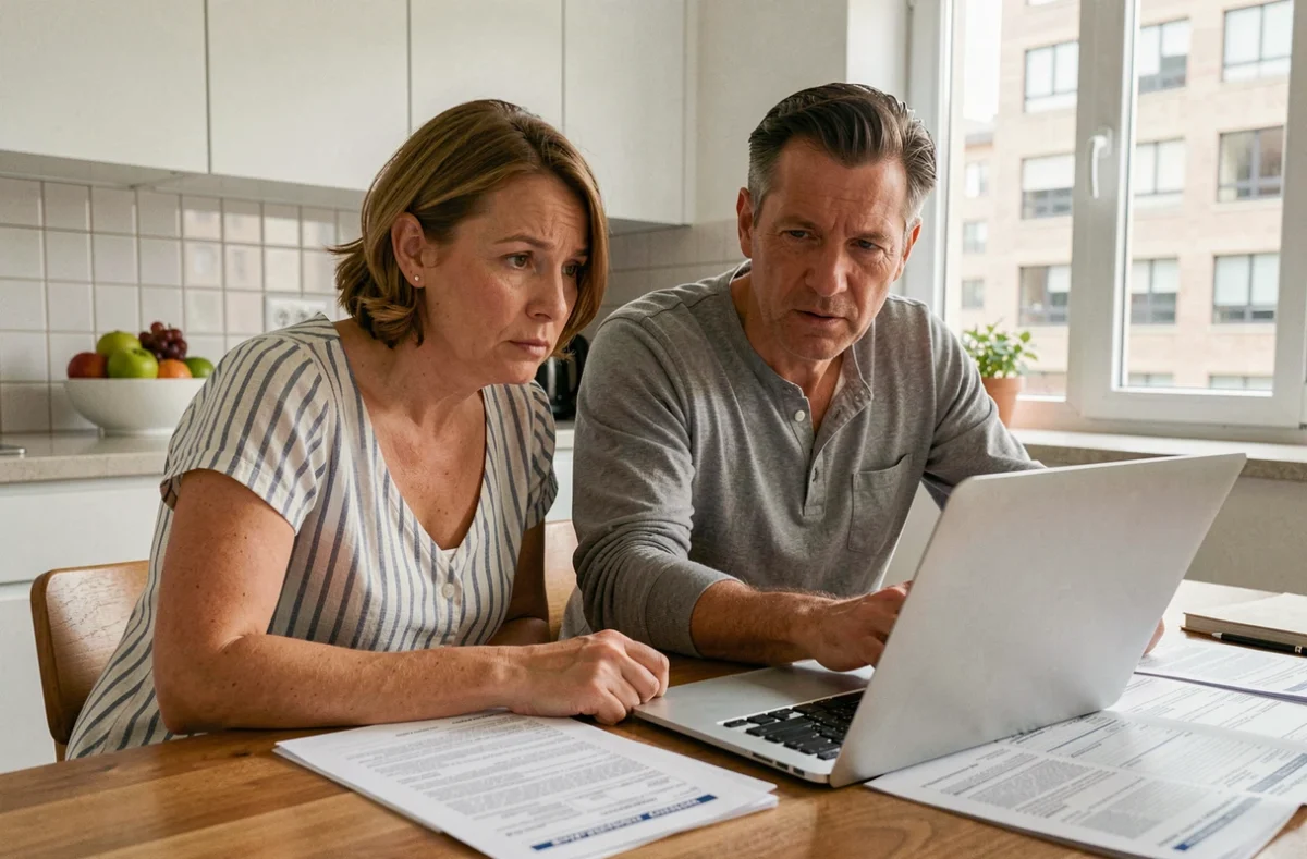 Couple de propriétaires analysant les charges de copropriété et les frais d'agence iad à domicile