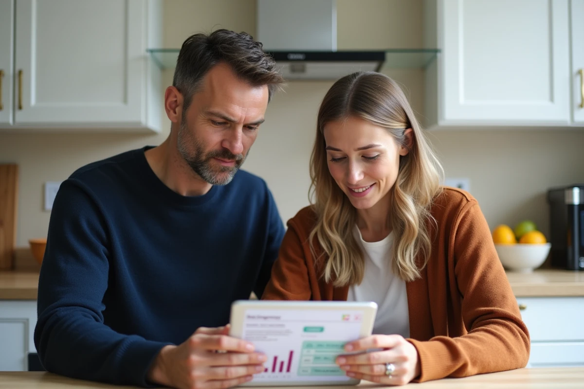 Couple de propriétaires débutants comparant des offres d'assurance loyer impayé sur une tablette