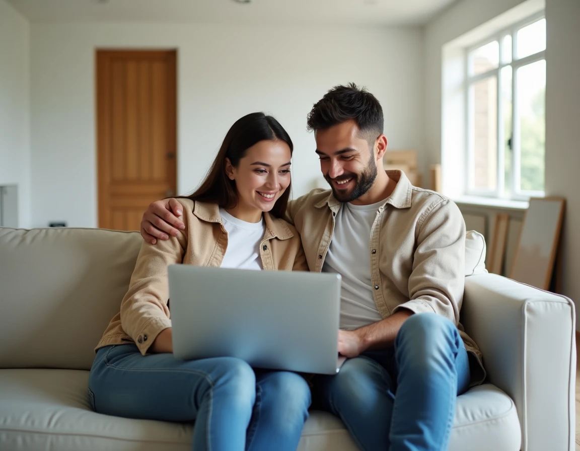 Couple de propriétaires consultant ensemble un logiciel d'estimation de travaux immobiliers avant la mise en vente de leur maison