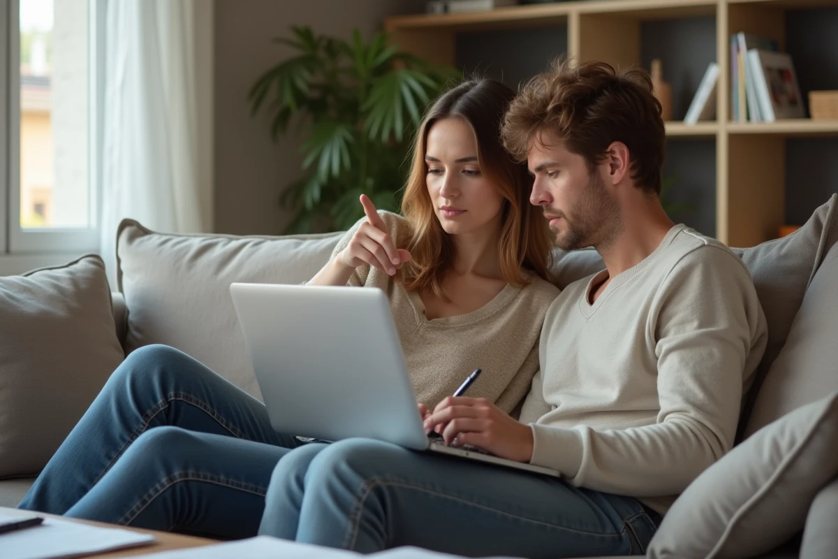 Couple inquiet consultant une plateforme de location en ligne pour louer sans revenus fixes