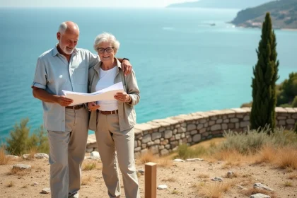 Couple de retraités debout sur un terrain en bord de mer avec plan architectural, côte méditerranéenne en arrière-plan