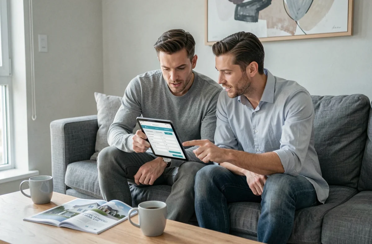 Couple consultant un simulateur de frais de notaire immobilier sur tablette dans leur salon avant achat