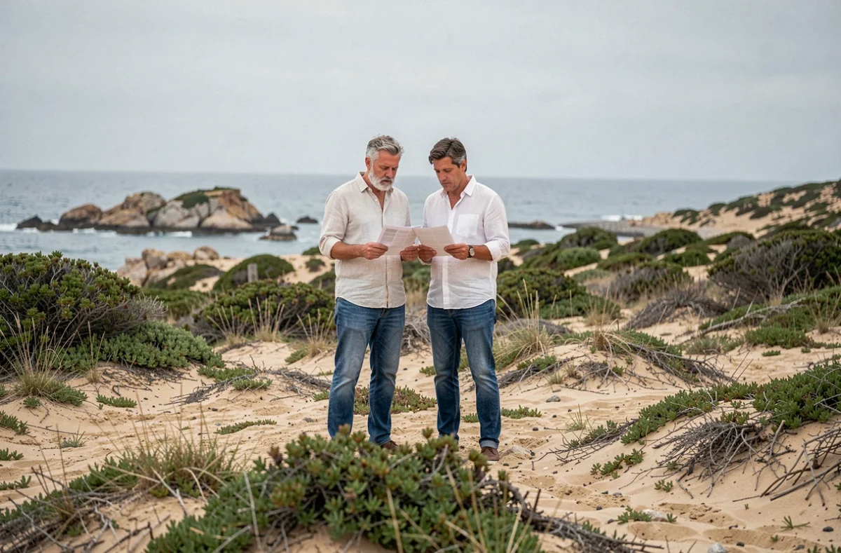 Couple inspectant un terrain à vendre en bord de mer avec des documents légaux à la main
