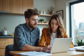 Jeune couple professionnel en réunion dans la cuisine