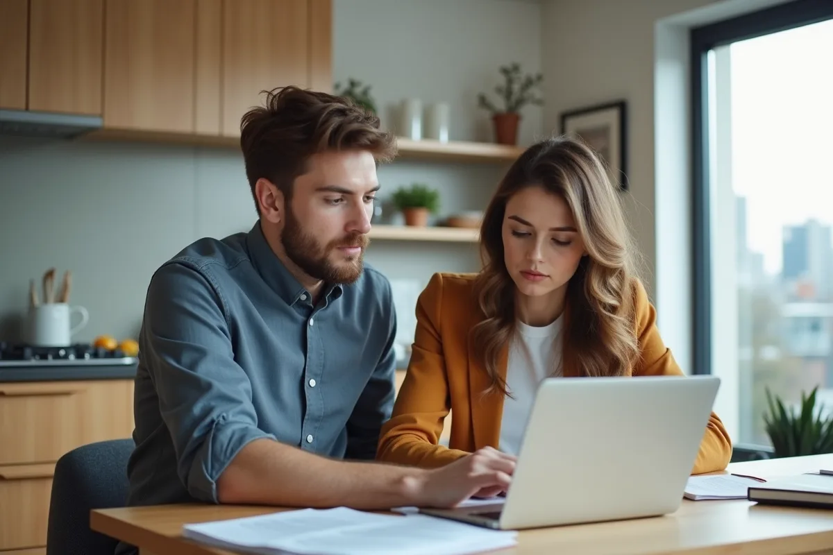 Jeune couple professionnel en réunion dans la cuisine