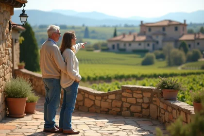 Couple souriant pointant une maison dans le vignoble en Aude