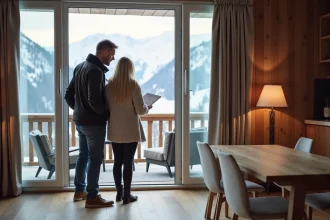 Couple regardant la vue montagne enneigee depuis un appartement