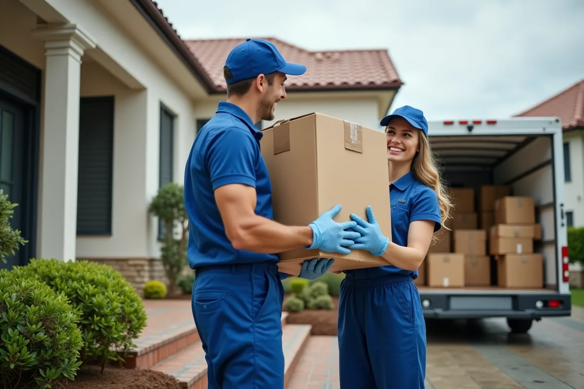 Deux déménageurs souriants portant des cartons devant une maison