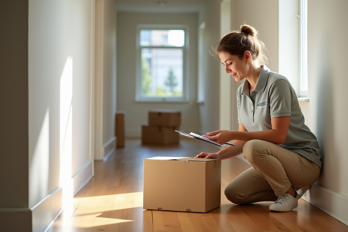 Femme déménageuse pliant des cartons dans un appartement lumineux