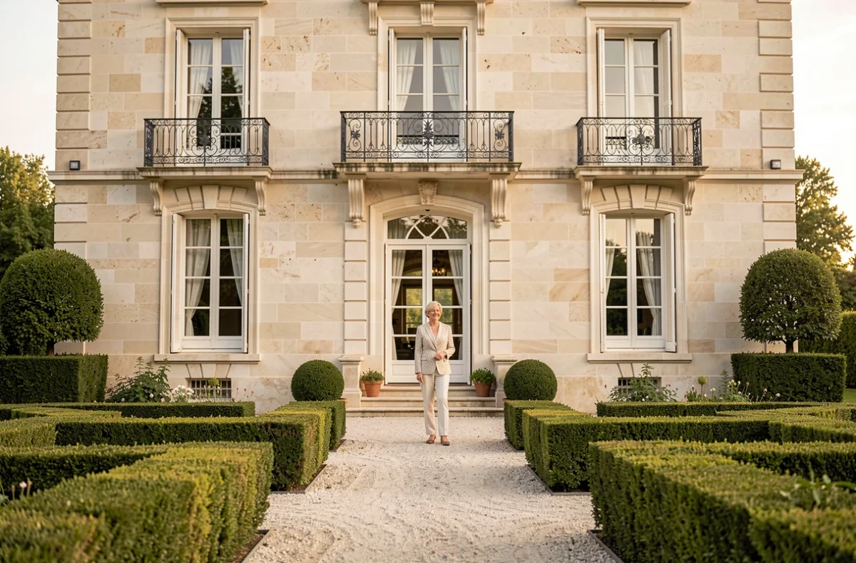 Villa de style aquitain avec façade en pierre et jardin à la française construite par Demeures d'Aquitaine