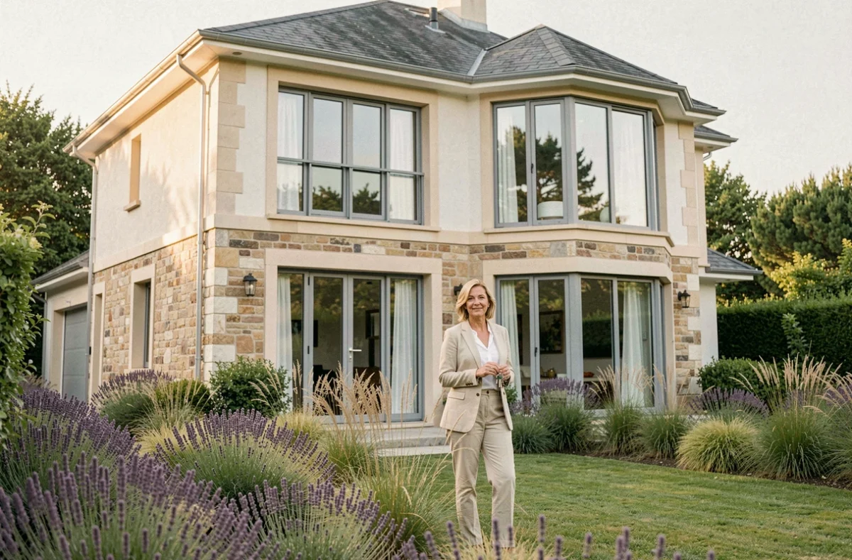 Maison élégante deux niveaux construite par Demeures Côte d'Argent avec jardin paysager et grandes baies vitrées