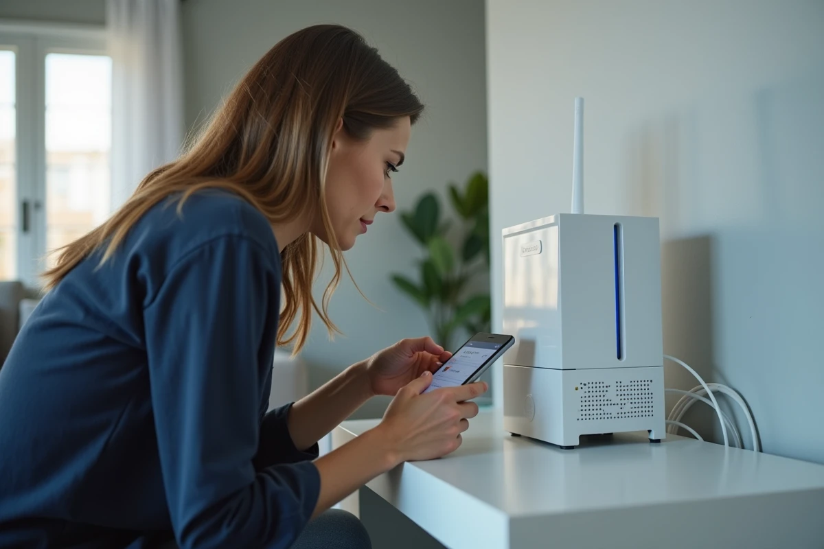 Femme vérifiant son routeur fibre optique lors d'une panne de connexion IAD à domicile