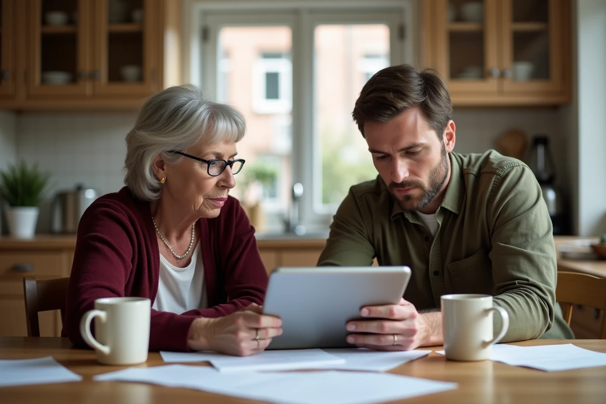 Deux personnes consultant ensemble un dossier de demande de logement sur tablette autour d'une table de cuisine avec des documents officiels