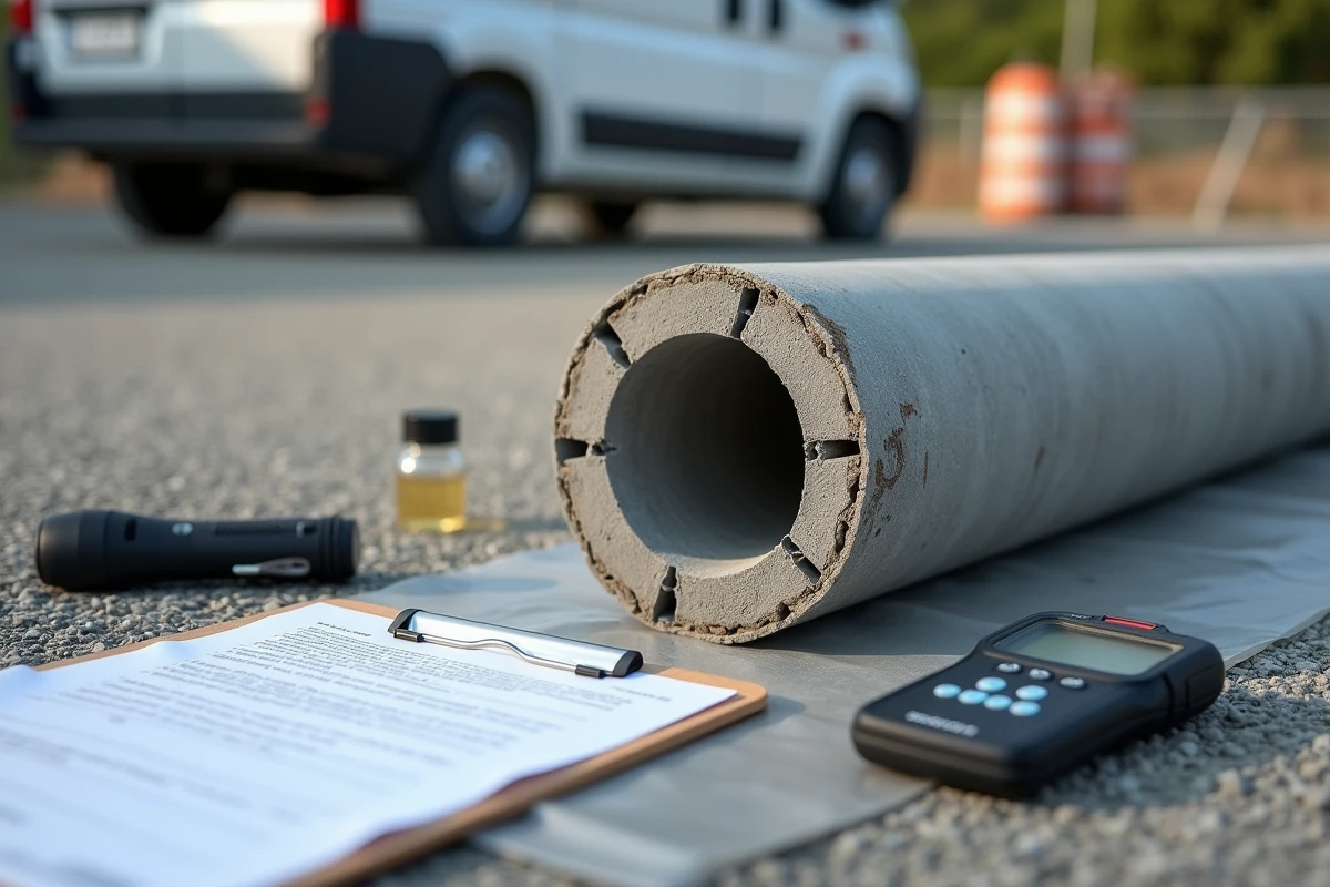 Gros plan sur une section de conduite en fibrociment coupée avec des outils de diagnostic et un rapport d'analyse lors d'un chantier de désamiantage