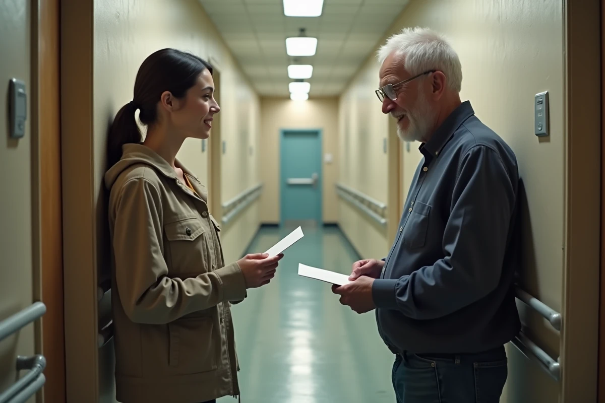 Jeune femme et homme âgé échangeant des notes dans un couloir