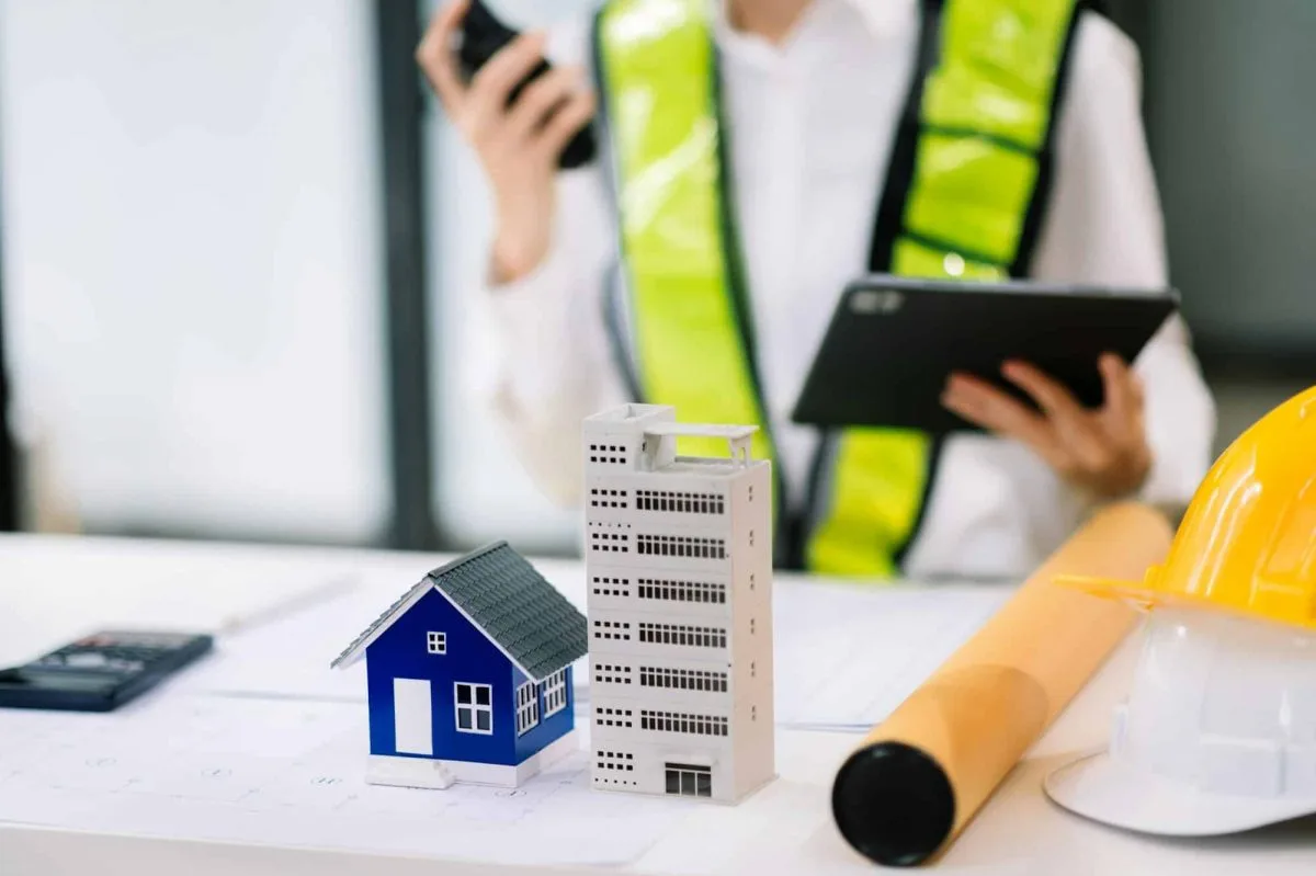 Ingénieur en casque supervisant la sécurité des travailleurs sur un chantier