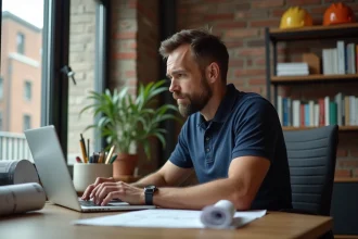 Entrepreneur du BTP consultant le blog Reno Astuce sur son ordinateur portable dans un bureau moderne avec des plans de construction