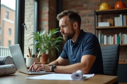 Entrepreneur du BTP consultant le blog Reno Astuce sur son ordinateur portable dans un bureau moderne avec des plans de construction
