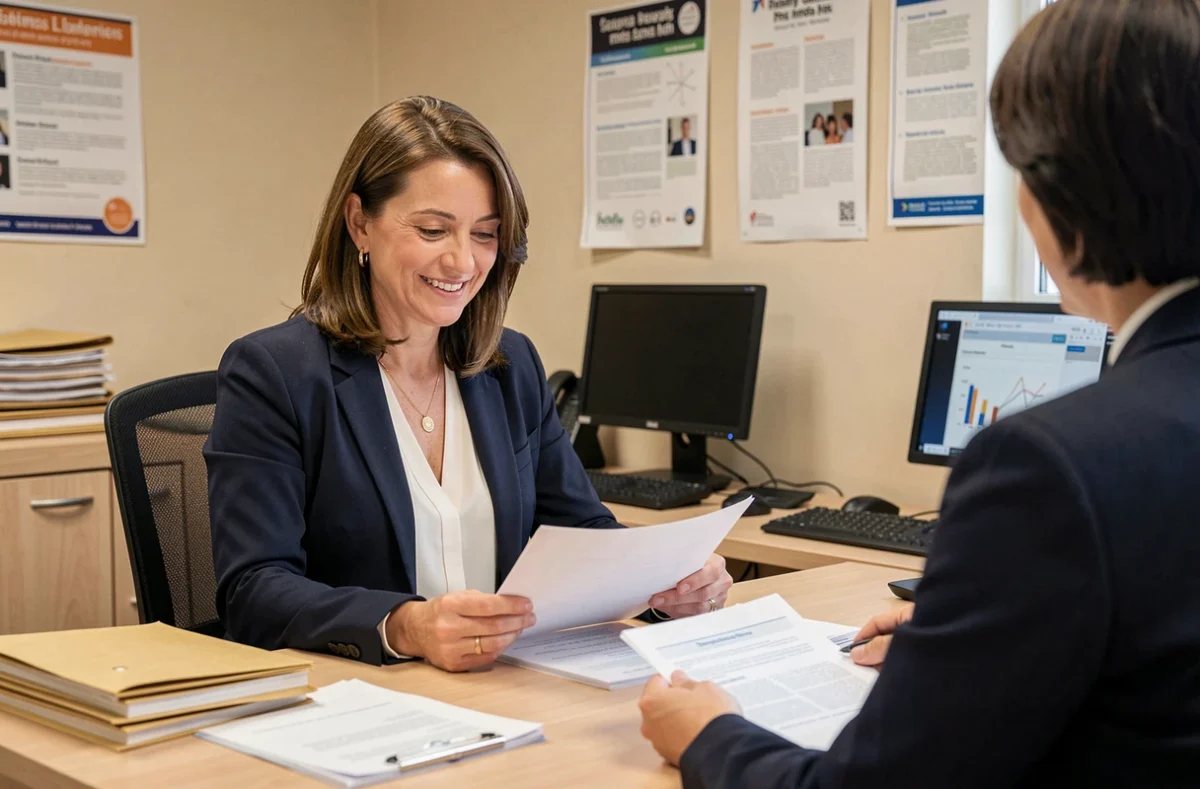 Entretien d'accompagnement entre un conseiller et un bénéficiaire dans un bureau d'insertion professionnelle à Paris