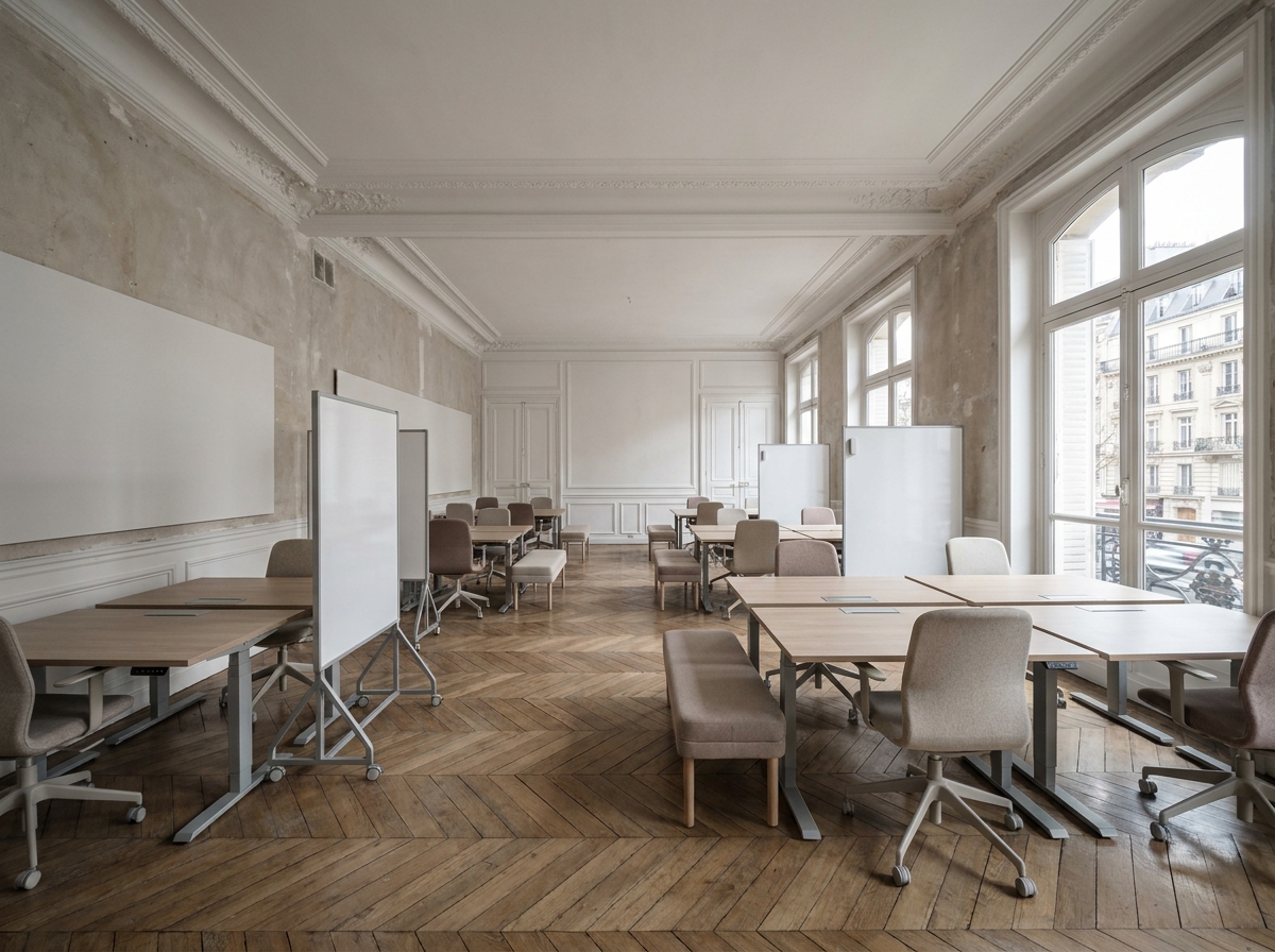 Espace de bureaux flexibles vide à Paris avec mobilier modulable et architecture haussmannienne rénovée