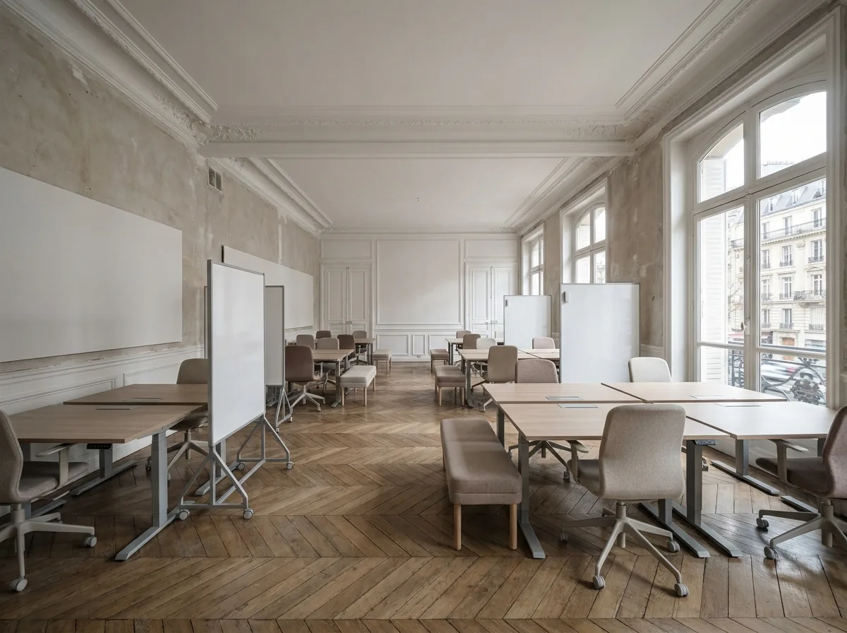 Espace de bureaux flexibles vide à Paris avec mobilier modulable et architecture haussmannienne rénovée