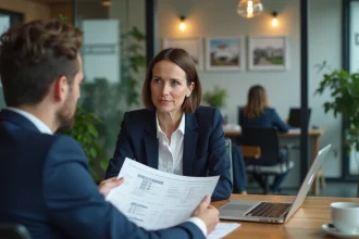 Femme consultant un agent immobilier pour l'estimation de son bien immobilier dans une agence moderne
