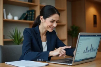 Femme consultant une estimation immobilière en ligne sur un ordinateur portable dans un bureau à domicile