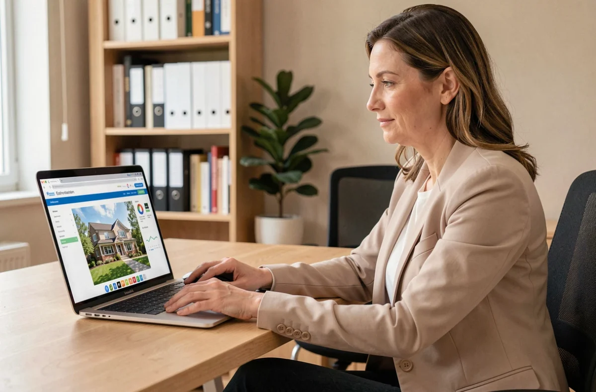 Femme utilisant un outil d'estimation immobilière en ligne sur son ordinateur pour estimer la valeur de sa maison avant de vendre
