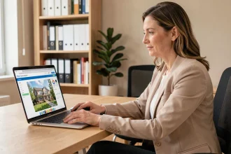 Femme utilisant un outil d'estimation immobilière en ligne sur son ordinateur pour estimer la valeur de sa maison avant de vendre