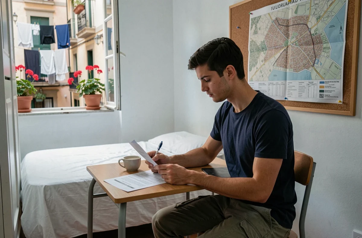 Étudiant lisant un contrat de location dans sa chambre meublée à Barcelone avec une carte universitaire au mur