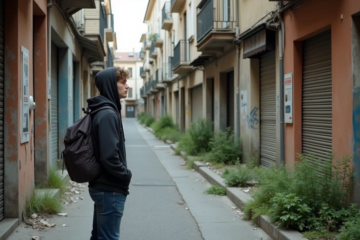 Étudiant avec sac à dos regardant un immeuble dégradé dans un quartier défavorisé d'Alès