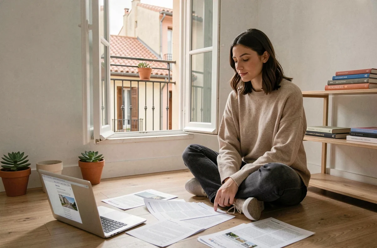 Étudiante cherchant un appartement à louer à Barcelone, assise sur le sol de son studio avec des annonces imprimées et un ordinateur ouvert