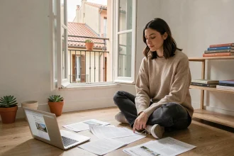 Étudiante cherchant un appartement à louer à Barcelone, assise sur le sol de son studio avec des annonces imprimées et un ordinateur ouvert