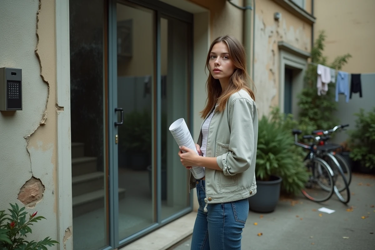 Jeune étudiante hésitante devant l'entrée d'un immeuble vétuste dans un quartier sensible d'Alès