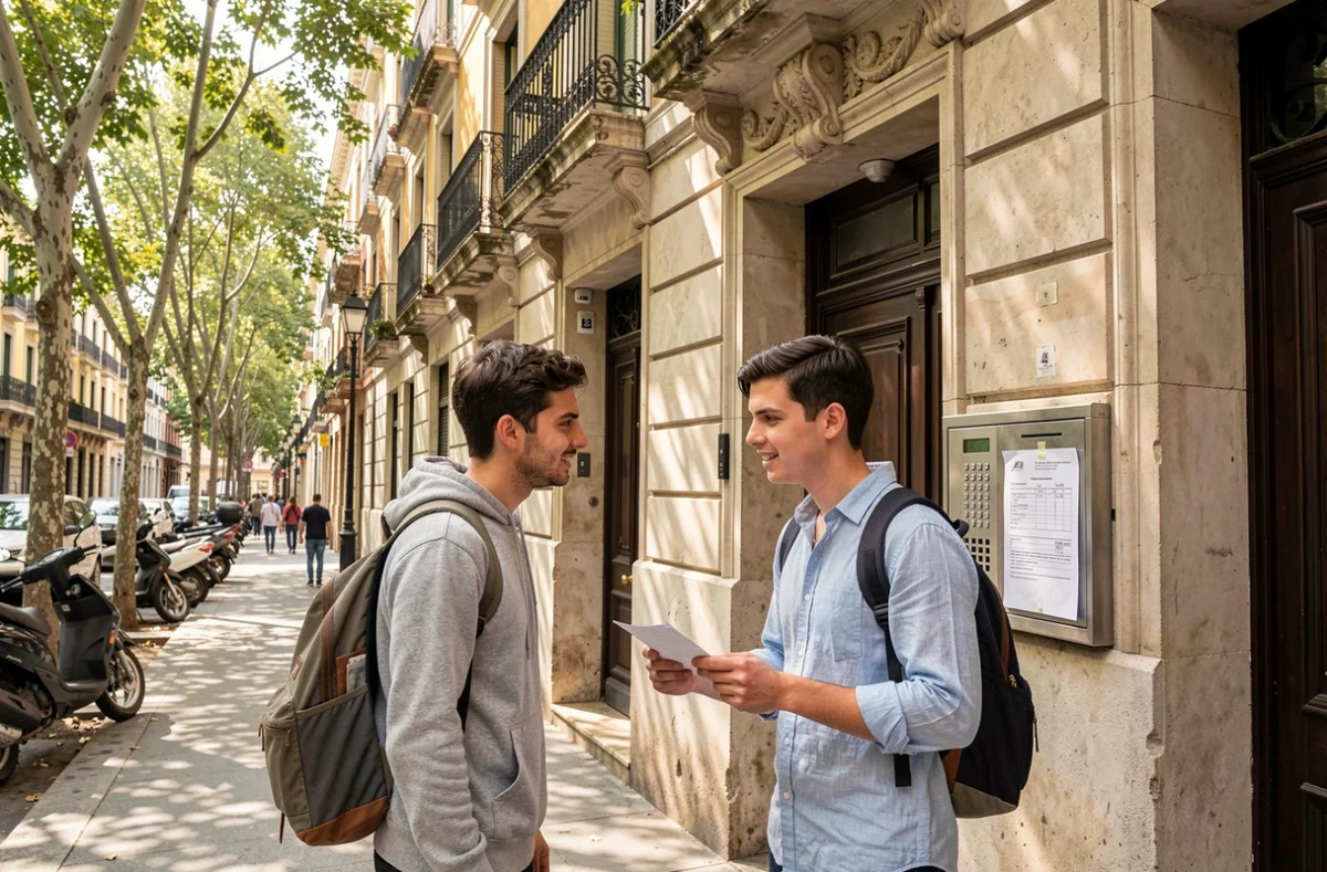 Deux étudiants devant un immeuble de l'Eixample à Barcelone consultant une annonce de location d'appartement collée près de l'interphone