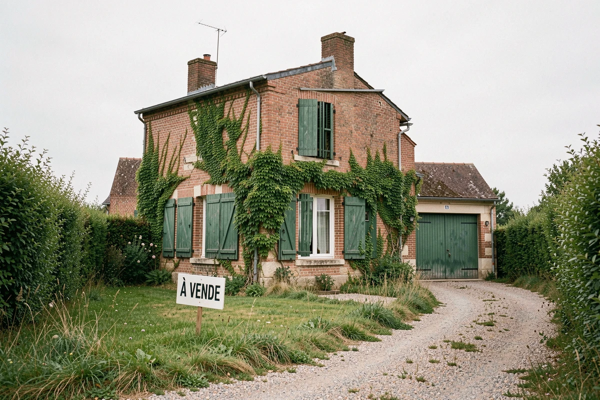 Maison à vendre dans l'Oise avec panneau immobilier sur la pelouse lors d'une vente rapide pour divorce