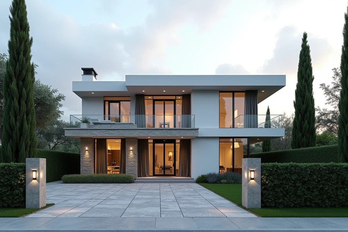 Façade extérieure d'une villa de prestige avec allée en pierre et panneau de vente immobilière haut de gamme