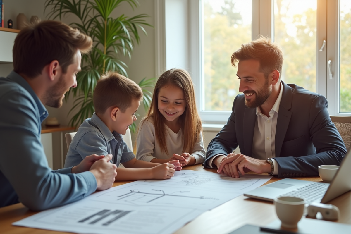 Famille consultante avec expert et plans dans un bureau lumineux
