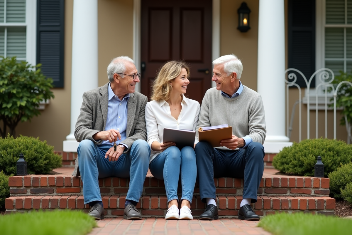 Famille heureuse avec clés devant une maison en briques