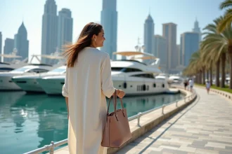 Jeune femme en abaya moderne à Dubai Marina