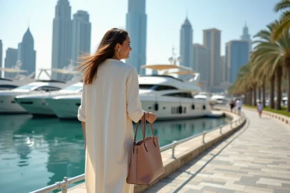 Jeune femme en abaya moderne à Dubai Marina
