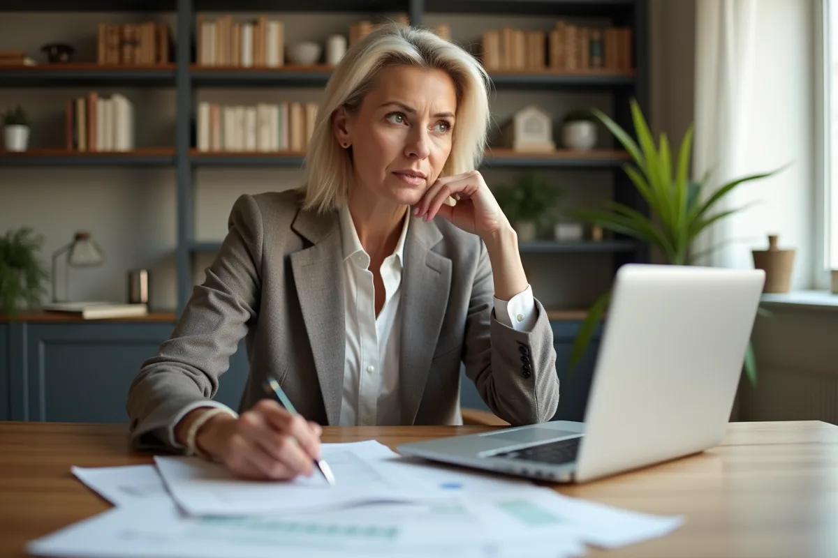 Femme d affaires réfléchissant à des documents de prêt immobilier