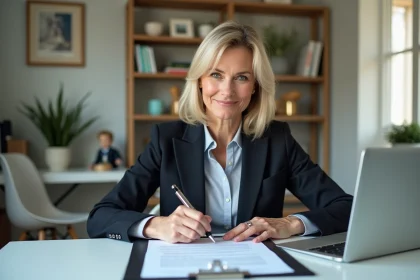 Femme d'affaires litigeant un bail dans un bureau lumineux