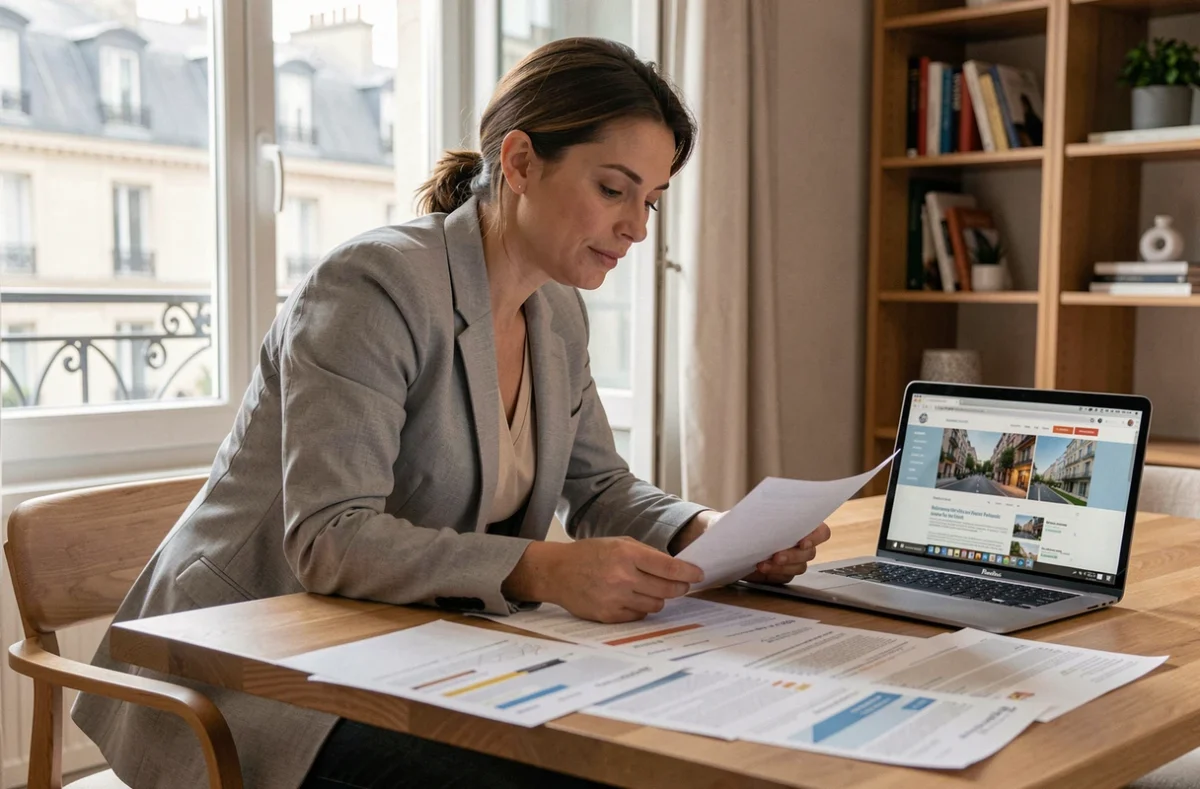 Femme étudiant des annonces immobilières pour choisir un quartier à Paris via LOC'annonces